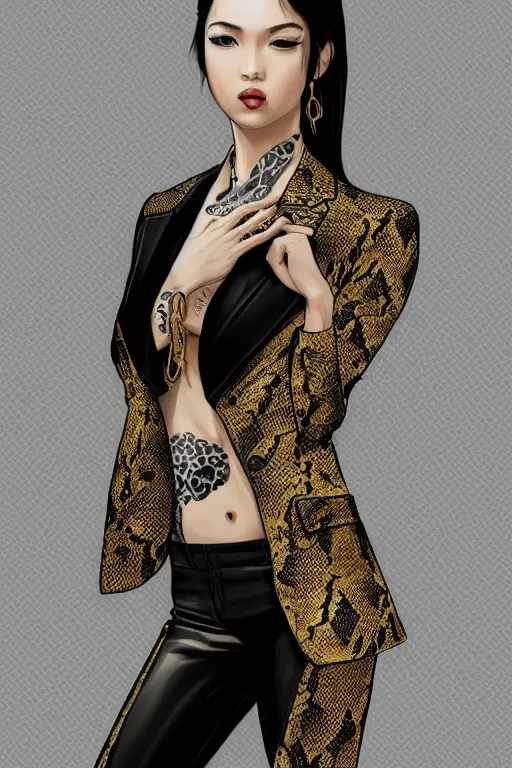 Prompt: yakuza slim girl, gold suit jacket in snake print, jacket over bare torso, yakuza tattoo on body, black leather pants with black belt, yakuza hair, portrait, elegant, 2d, ultra highly detailed, digital painting, smooth, sharp focus, artstation, art by Ilya Kuvshinov, rossdraws