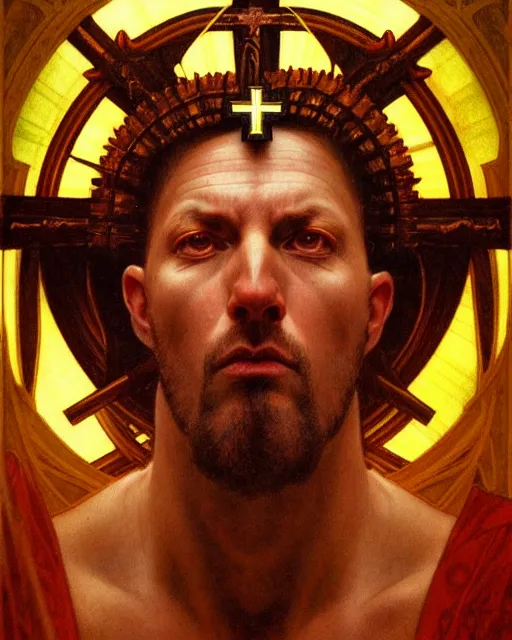 Image similar to realistic portrait of a nasty bishop, inverted cross, evil, heroic pose, beautiful face, bible, full body, dramatic lighting, intricate, wild, highly detailed, digital painting, artstation, concept art, smooth, sharp focus, illustration, art by artgerm and greg rutkowski and alphonse mucha, footage from space camera