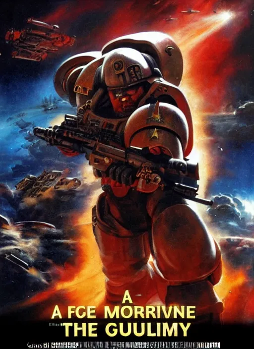 Prompt: a movie poster with a space marine holding a big gun, poster art by drew struzan, cgsociety, retrofuturism, reimagined by industrial light and magic, poster art, movie poster, dramatic atmosphere