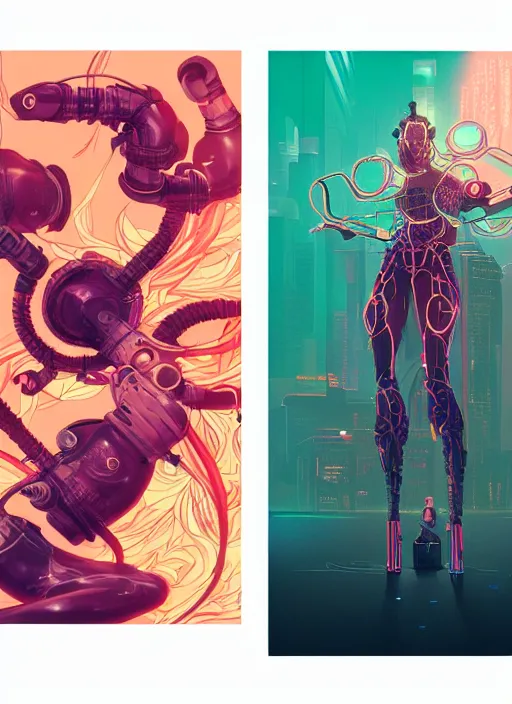 Prompt: character design, cyberpunk nezha resurrected in mechanical lotus, concert poster retro, conrad roset, greg rutkowski, flume cover art