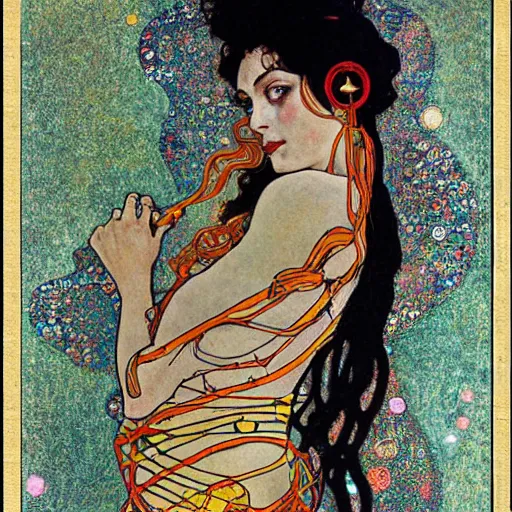 Image similar to a goddess of transcendential consciousness, contrapposto, egon schiele, gustav klimt, alphonse mucha, retro futurism