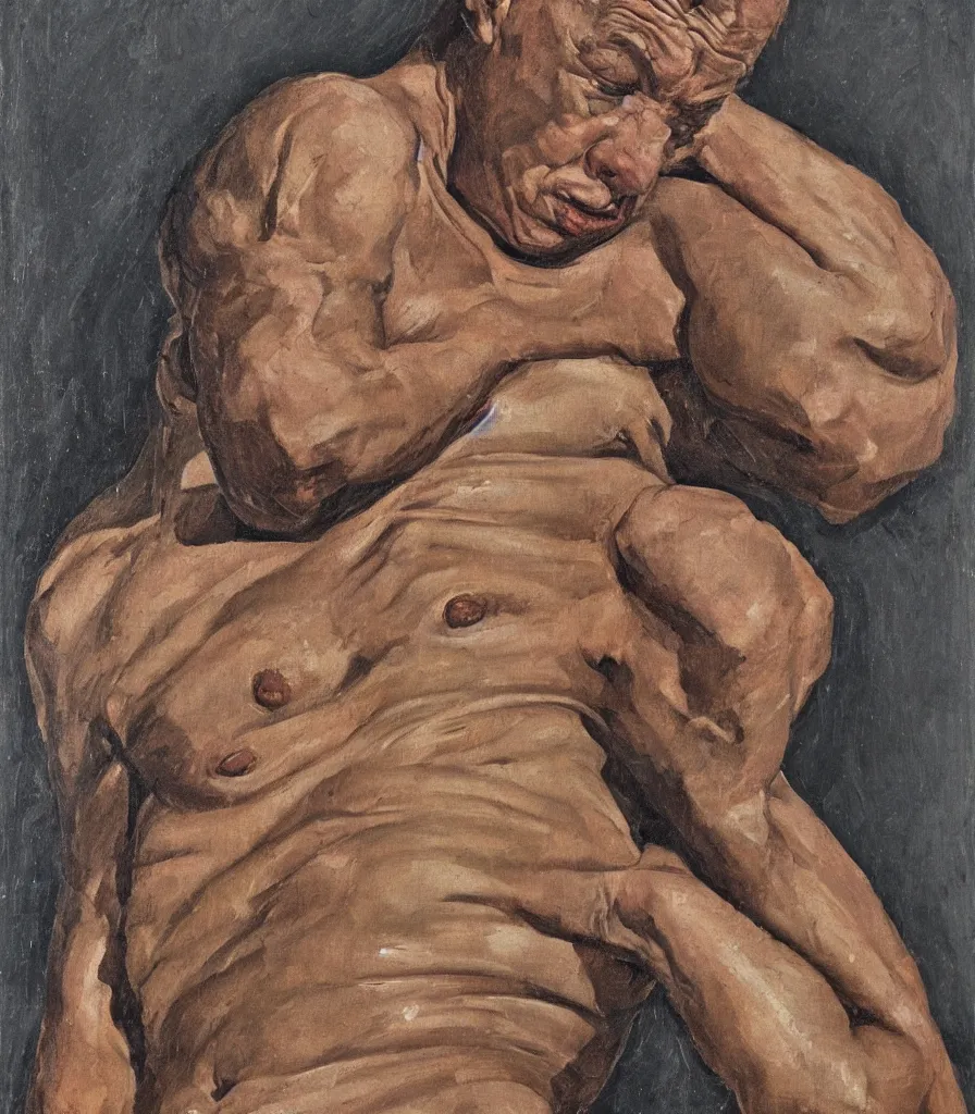 Image similar to portrait of a young man without shirt in the style of lucian freud. his face has many wrinkles, cuts and character. he is looking down. oil painting, thick brush strokes. shadows. clean gray brown background. lit by a single light from above his head. perspective from below. 5 0 mm