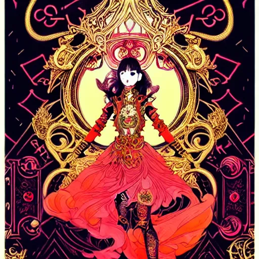 Prompt: jisoo + blackpink + elements + red + gold + neon + baroque + rococo + white + orange + ink + tarot card, ornate + by marc simonetti, paul pope, peter mohrbacher, detailed, intricate ink illustration + damask + award winning + 8 k