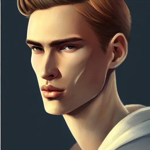 Image similar to tall man in his twenties with brown blond short quiff hair and thin round facial structure with cleft chin, straight eyebrows and prominent nose, good definition of cheekbones, big hazel nut brown eyes, narrow face, atmospheric lighting, painted, intricate, 4 k, highly detailed by charlie bowater