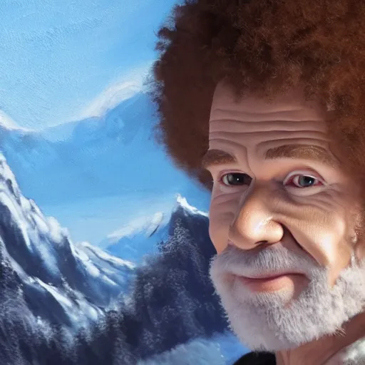 Image similar to a closeup photorealistic photograph of bob ross working on a canvas painting of spiderman. film still. brightly lit scene. mountains and trees. this 4 k hd image is trending on artstation, featured on behance, well - rendered, extra crisp, features intricate detail, epic composition and the style of unreal engine.