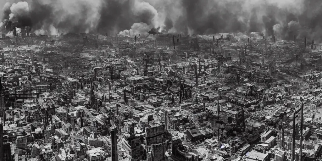 Image similar to dieselpunk city skyline ablaze, huge fires everywhere, everything burning, aerial view, wide shot, 120 black and white film