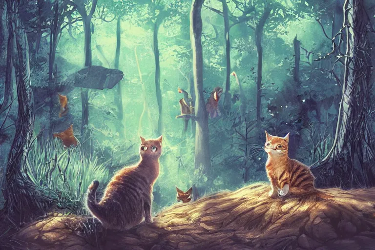 Image similar to cats in the forest, backlighting, digital art, trending on artstation, fanart, by wayne mclouglin, by kawacy