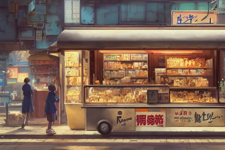 Image similar to A highly detailed matte painting of a single small snack bar with take away counter with sign by Studio Ghibli, Makoto Shinkai, by Artgerm, by WLOP, by Greg Rutkowski, volumetric lighting, cyberpunk, octane render, 4K resolution, trending on artstation, masterpiece