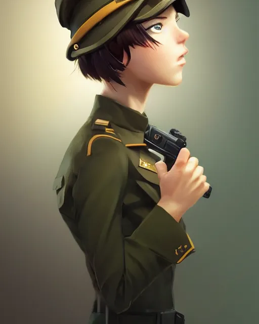 Prompt: young woman with shoulder length light brown hair and hazel eyes dressed in a sharp dark teal military uniform and beret, anime, ilya kuvshinov, greg rutkowski, guweiz, ross tran, loish, svetlana tigai, artgerm, artstation trending, concept art, digital painting