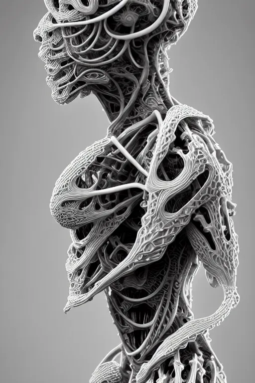 Image similar to bw 3 d render, hyper detailed, stunning beautiful biomechanical albino angry soldier cyborg with a porcelain profile face, beautiful natural soft rim light, big leaves and stems, roots, fine foliage lace, alexander mcqueen, studio ghibli, herge, art nouveau fashion embroidered, steampunk, silver filigree details, hexagonal mesh wire, mandelbrot fractal, 8 k