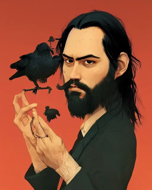 Image similar to portrait of a man with long black hair and beard holding a bird in his hands, full moon in the background, fine portrait, beautiful, concept art, by greg rutkowski, style of tomer hanuka