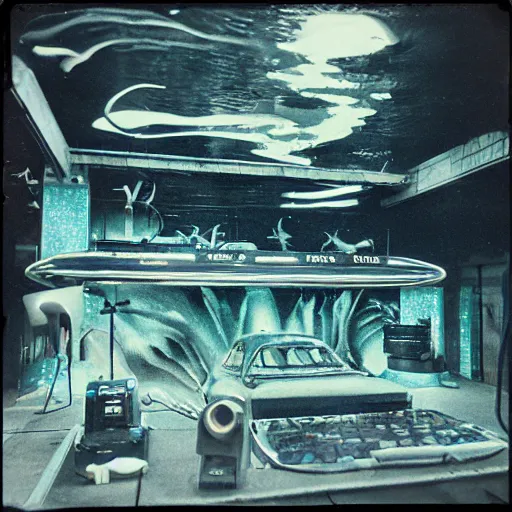 Prompt: under water deep sea station at night, lo fi, polaroid 6 0 0, 1 9 6 5 lightning, vintage science fiction, aquatic plants, colorful swirls of paint, movie set.