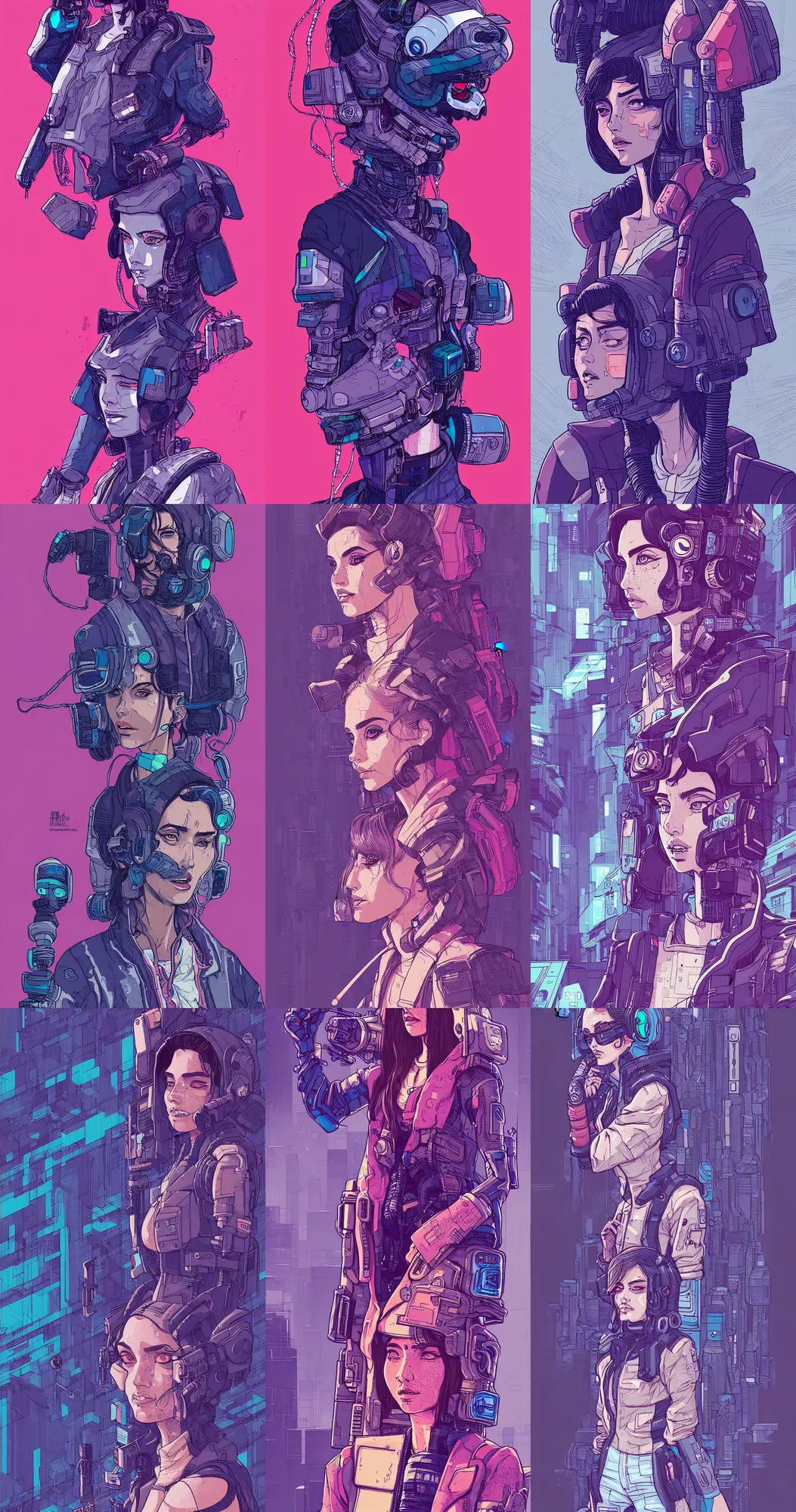 Prompt: detailed illustrationsci - fi of ana de armas portrait cyberpunk clothes and hair in a tokyo street, trending on artstation, by josan gonzalez, flat colors