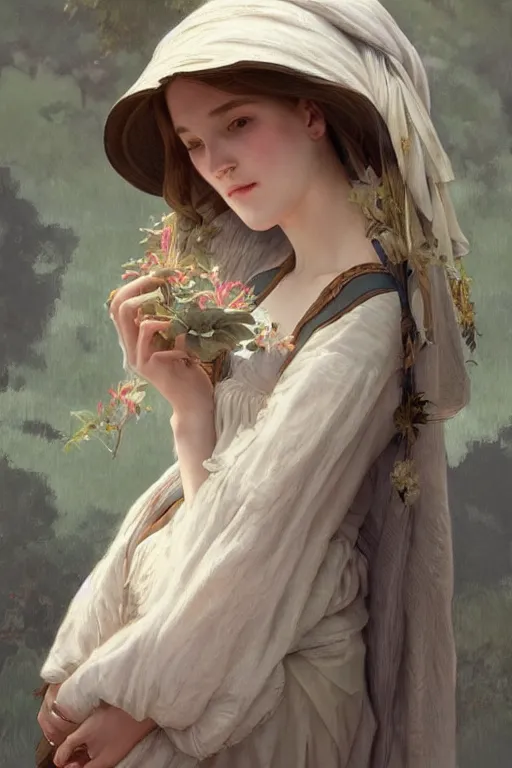 Image similar to beautiful cottagecore young peasant maiden, innocent, intricate, elegant, highly detailed, digital painting, artstation, concept art, smooth, sharp focus, illustration, art by artgerm and greg rutkowski and alphonse mucha