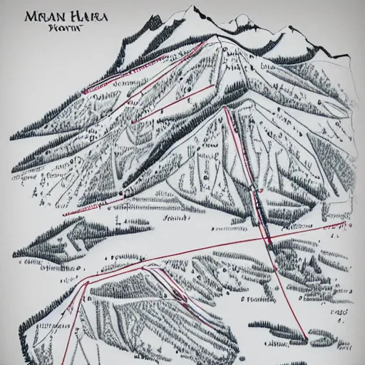 Prompt: hand drawn ski map for a mountain. tiny people snowboarding on the white areas