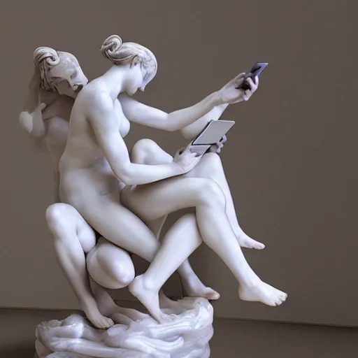 Prompt: a delicate renaissance marble sculpture of nymphs looking at iPhones, highly detailed transparent marble cloth, gi, global illumination, physically based rendering, photorealistic, top light , dark paneled room, chiaroscuro