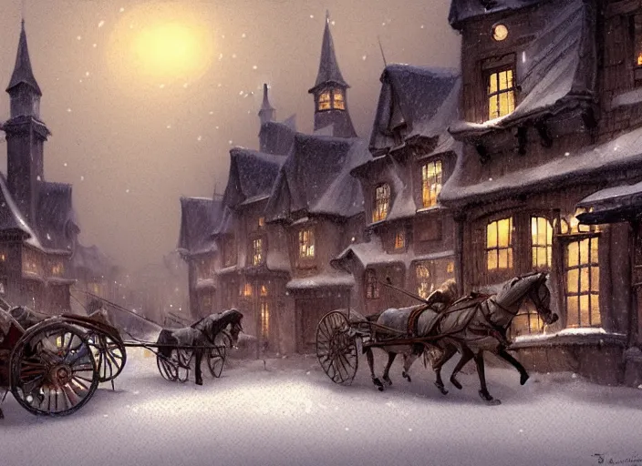 Image similar to a night scene of a snowy town with a horse drawn carriage, a detailed matte painting by anton pieck, deviantart contest winner, fantasy art, concept art, official art, matte drawing