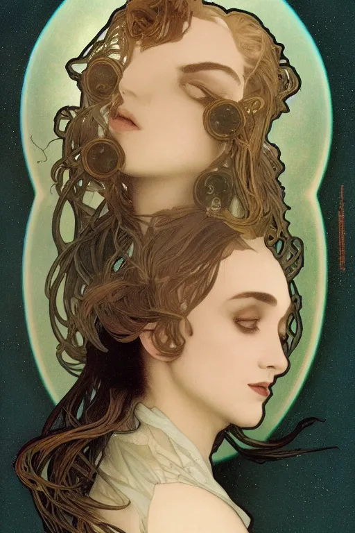 Prompt: an esoteric woman, blending into dust with a beautiful face!!! cinematic lightning, isolated, studio lighting by alphonse mucha and tom bagshaw