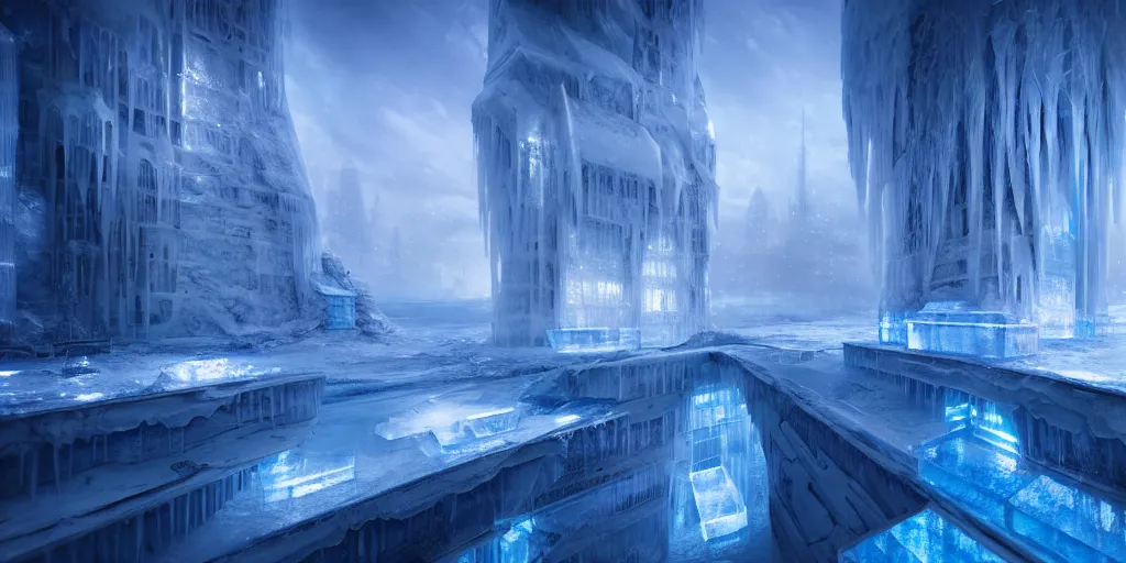 Prompt: inside an ethereal ice city, highly detailed, 4 k, hdr, award - winning, octane render, artstation