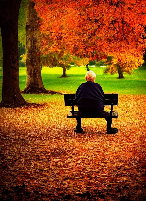 Prompt: conceptual photography portrait of an old man on a park bench fading into nothing, autumn tranquility, forgetfulness, fading to dust and leaves, oblivion, inevitability, aging, surreal portrait, moody, deep oranges and browns, color toning, hopeless, 4 k