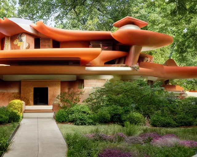 Image similar to the exterior of a house designed by lisa frank and frank lloyd wright