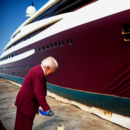Prompt: wrinkled hunchbacked old man in musty burgundy suit, polishing painting the side of a huge gold plated mega yacht with a cloth, maintenance photo