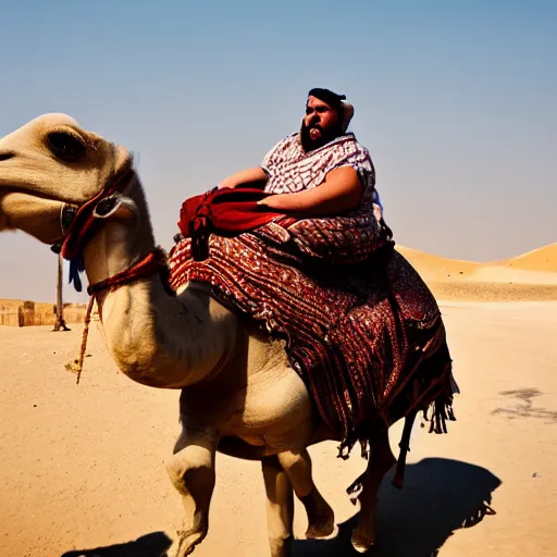 Image similar to a morbidly obese person riding a camel, photography, egypt, cinematic,