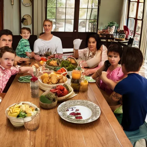 Prompt: an image of a large traditional family sitting around the table for dinner but one of the kids is floating above the table.