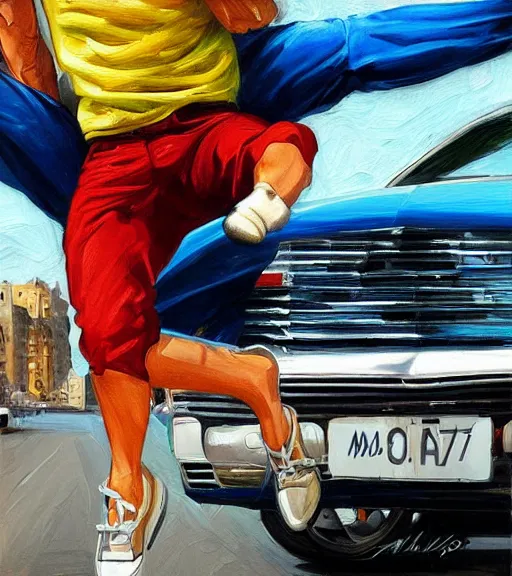 Image similar to high quality high detail painting by alberto mielgo, man jumping over a car, hd