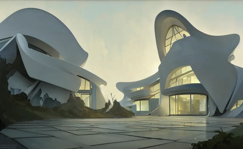 Image similar to painting of a wide angle exterior shot of a white modern architecture with cinematic lighting by zaha hadid and peterzumthor, darek zabrocki and greg ruthkowski, alphonse mucha, simon stalenhag and cinematic and blue cold atmospheric, archillect concept art, artstation, trending on artstation