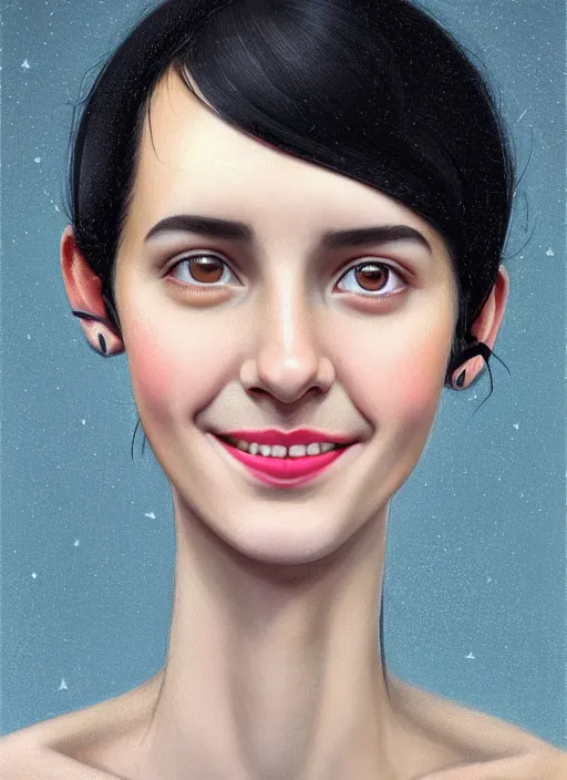 Prompt: fully body portrait of high school girl, realistic, black hair, bangs, half updo hairstyle, pointy nose, skinny, smile, ugly, defined jawline, big chin, hair bow, earrings, intricate, elegant, glowing lights, highly detailed, digital painting, artstation, sharp focus, illustration, art by wlop, mars ravelo and greg rutkowski