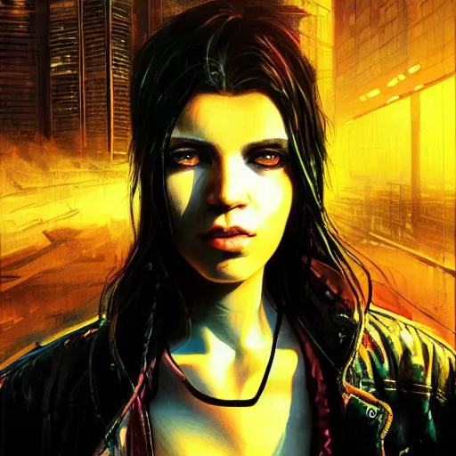 Image similar to molly millions, closeup portrait of a young beautiful cyberpunk woman, mirror eye implants, black hair in a rough shag, sunset, neuromancer, street samurai, cyberpunk city background, megacity, gorgeous view, depth, painted by seb mckinnon, high detail, digital art, painted by greg rutkowski, trending on artstation