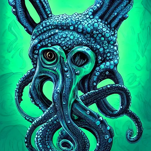 Prompt: hp lovecraft tentacle rabbit monster, horror, green blue color scheme, trending on artstation HD, artgerm