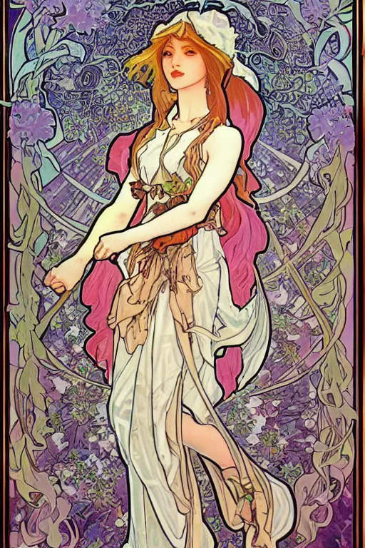 Image similar to Female angelic Fae in the style of Ayami Kojima and Alphonse Mucha