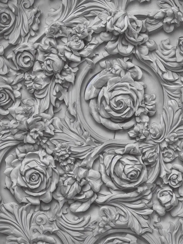 Prompt: beautiful decorative classical ornamental door emblem, fibonacci rhythms, roses, lilies, rose petals, lily petals, acanthus scrolls, highly detailed etching, gemini, bilaterally symmetrical, small medium and large elements, rendered in octane, 3 d render