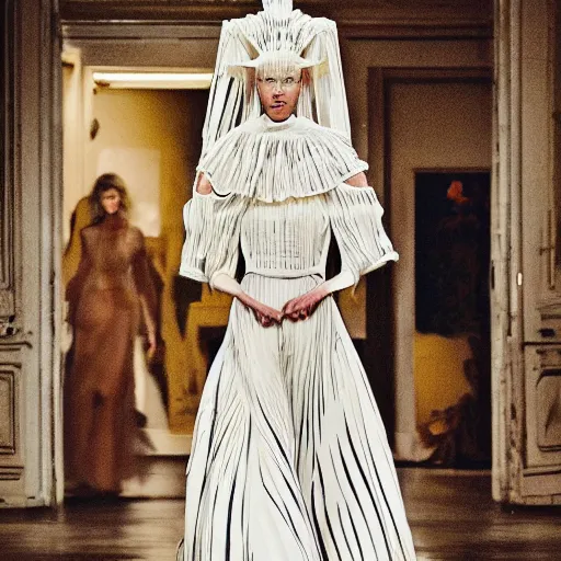 Image similar to portrait of a fashion model walking down a catwalk, simple dress by alexander mcqueen, clear detailed face, beautiful feminine face, art by julia hetta and giampaolo sgura and pamela hanson and david roemer and mario testino and lara jade and tim walker and cole sprouse