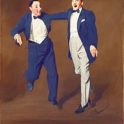 Image similar to Gene Kelly dancing with Pee Wee Herman, by Sir James Guthrie, hyperrealism