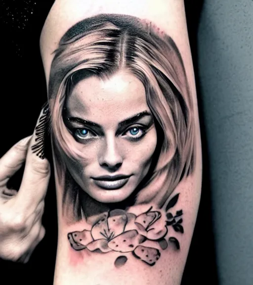 Prompt: tattoo design sketch double exposure of margot robbie blended with beautiful mountain scenery, creative mash up, in the style of arlo dicristina, surrealist, amazing detail, sharp