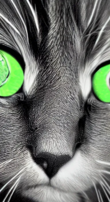 Image similar to highly detailed realistic pencil sketch portrait of a beautiful cat with big green eyes in front of the universe