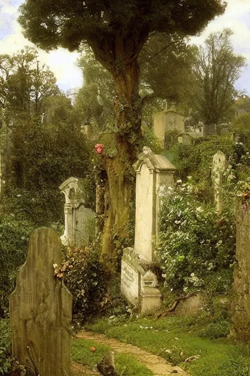 Image similar to a giant sketet in a magnificent dress walks along a cemetery along a path near a church in Manchester england, overgrown, weeds and ivy on the graves, an old twisted tree, a high stone wall, lawrence alma-tadema