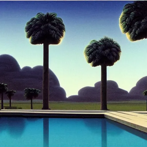 Prompt: David Ligare masterpiece, scifi nightscape, planets, hyperrealistic surrealism, award winning masterpiece with incredible details, epic stunning, infinity pool, a surreal vaporwave liminal space, highly detailed, trending on ArtStation, broken giant marble head statue ruins, calming, meditative, geometric liminal space, palm trees, very vaporwave