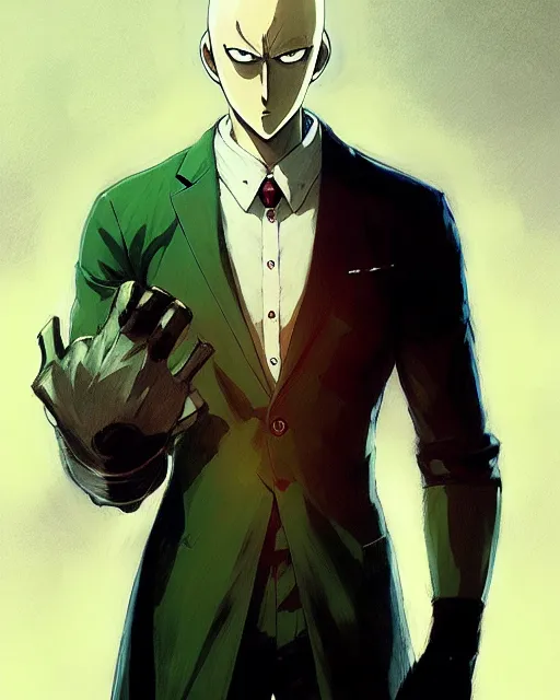 Image similar to one punch man in a suit as luigi, fantasy character portrait, ultra realistic, concept art, intricate details, highly detailed by greg rutkowski, ilya kuvshinov, gaston bussiere, craig mullins, simon bisley