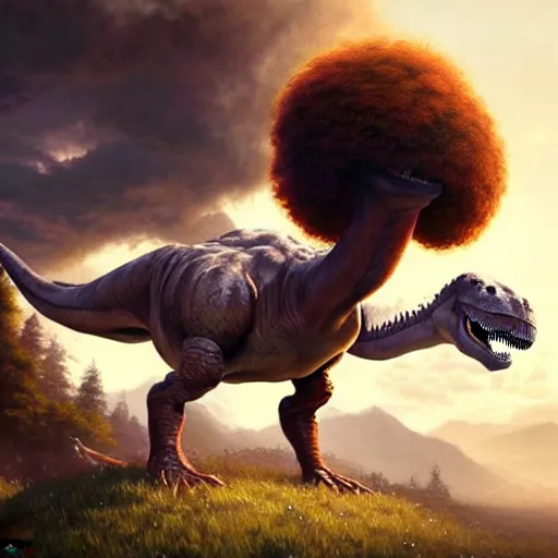 Image similar to bob ross!!! riding!!! a dinosaur!!, giant afro!, model pose, ultra realistic, concept art, intricate details, highly detailed, photorealistic, octane render, 8 k, unreal engine. art by artgerm and greg rutkowski and alphonse mucha