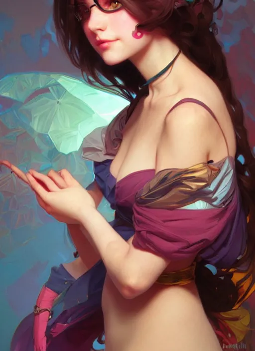 Image similar to portrait of a cute egirl, colorful, elegant, highly detailed, geek, brunette, uwu, digital painting, artstation, concept art, smooth, sharp focus, illustration, art by artgerm and greg rutkowski and alphonse mucha