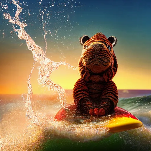 Image similar to a closeup photorealistic photograph of a cute smiling knitted tiger hippopotamus riding an epic wave at sunset. surf in the background. professional capture. brightly lit scene. this 4 k hd image is trending on artstation, featured on behance, well - rendered, extra crisp, features intricate detail, epic composition and the style of unreal engine.