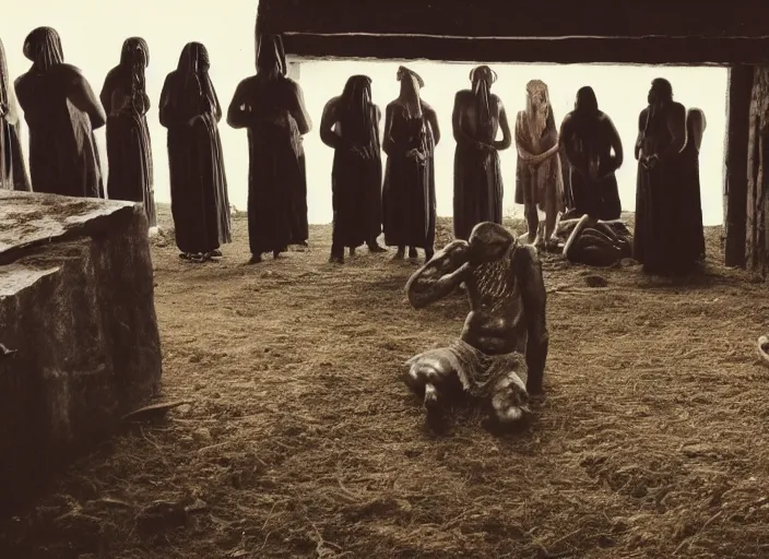 Image similar to photo of a queue of many cultists in a barn in front of a sacrificial altar with the head cultist hilding a ceremony knife in the center