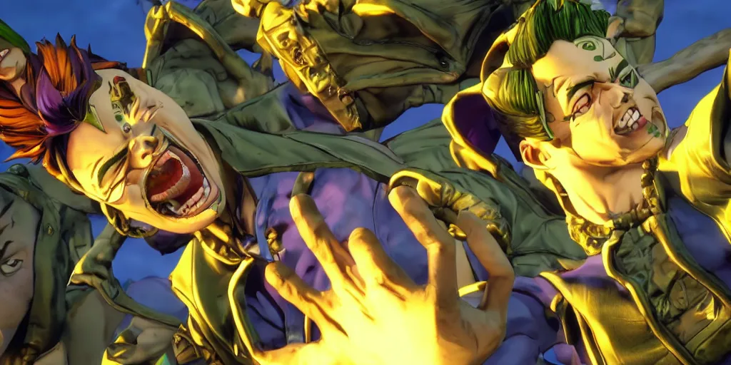 Image similar to jojo's bizarre adventure, video game cutscene, unreal engine 5, render, ray tracing