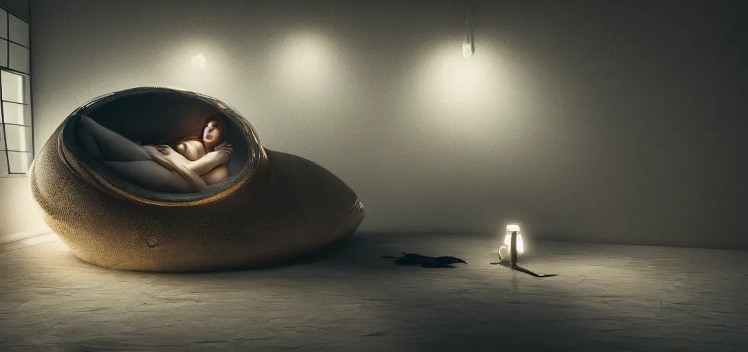 Image similar to a woman sleepinginside a hibernation pod, side view, in the style of blade runner, high tech, photoreal, dramatic lighting, unreal engine 5, octane rendering, ray tracing