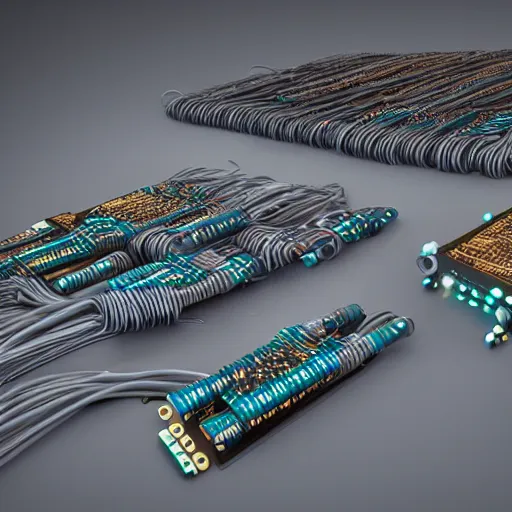 Image similar to tapping in to something greater, piles of modular synth cables, goddess laying down wearing a headpiece made of circuit boards balenziaga, wlop, stanley kubrick, masamune, hideki anno, unique perspective, trending on artstation, 3 d render, smooth render