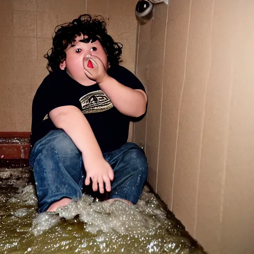 Image similar to flash photography of chubby teenage boy with long curly brown hair vomiting, and flooding the basement he is sitting in with vomit